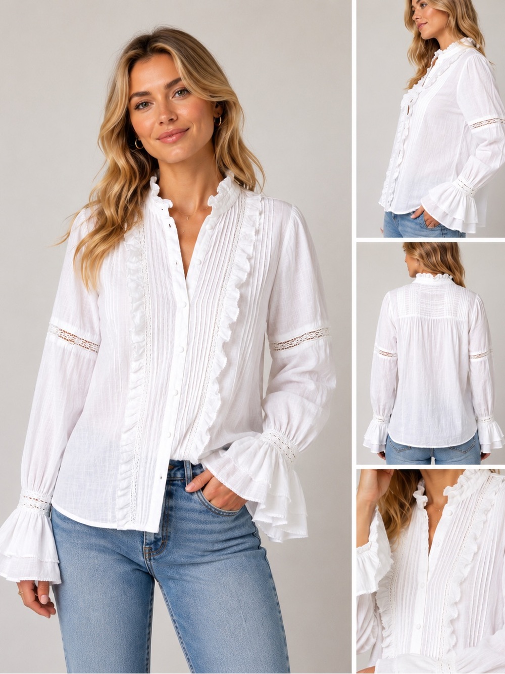 PAIGE White 100% Cotton Ruffle Pintuck Lace Trim Button Front Blouse Top L